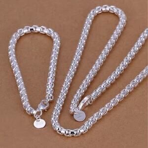 925 Silver Necklace & Bracelet Set 4mm Round Box Chain Valentine Birthday Gift